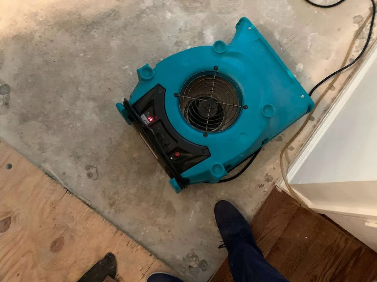 Air mover drying subfloor during Leak Detection & Repair in Verona